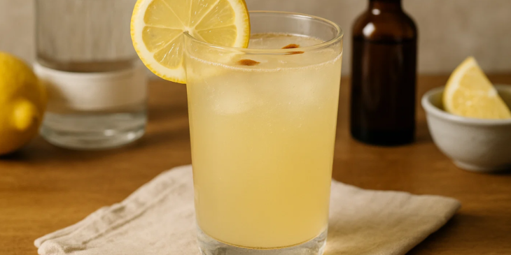 Drink servido no copo com limão siciliano.