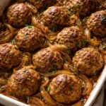 Almôndegas assadas com cebolas caramelizadas que surpreendem