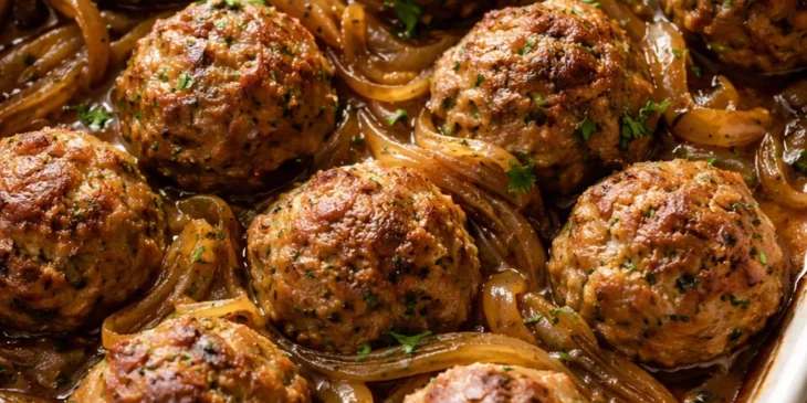 Almôndegas assadas com cebolas caramelizadas que surpreendem