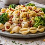 Macarrão ao molho branco com brócolis e bacon