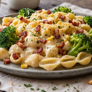 Macarrão ao molho branco com brócolis e bacon