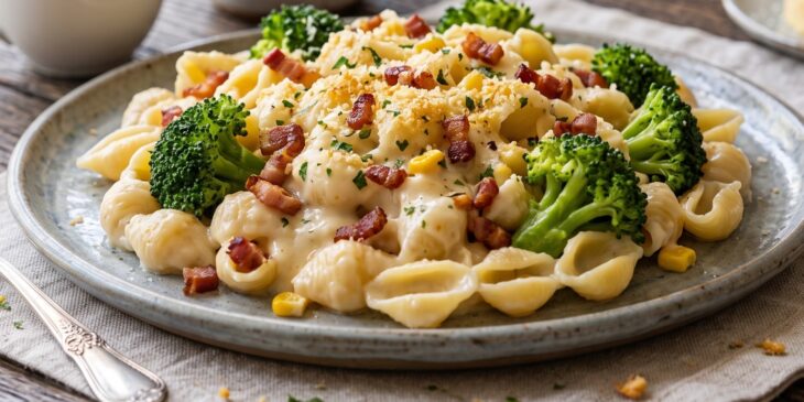 Macarrão ao molho branco com brócolis e bacon